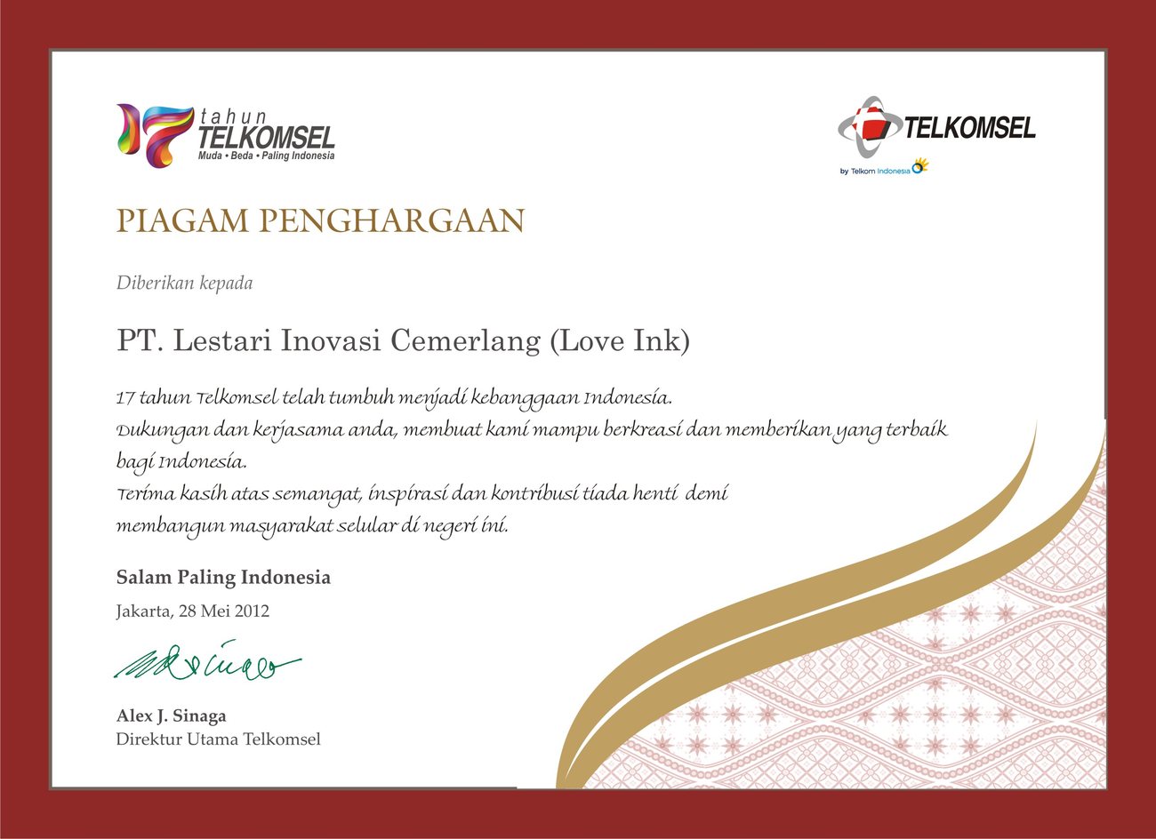 Piagam Penghargaan from Telkomsel to PT. Lestari Inovasi Cemerlang (Love Ink)